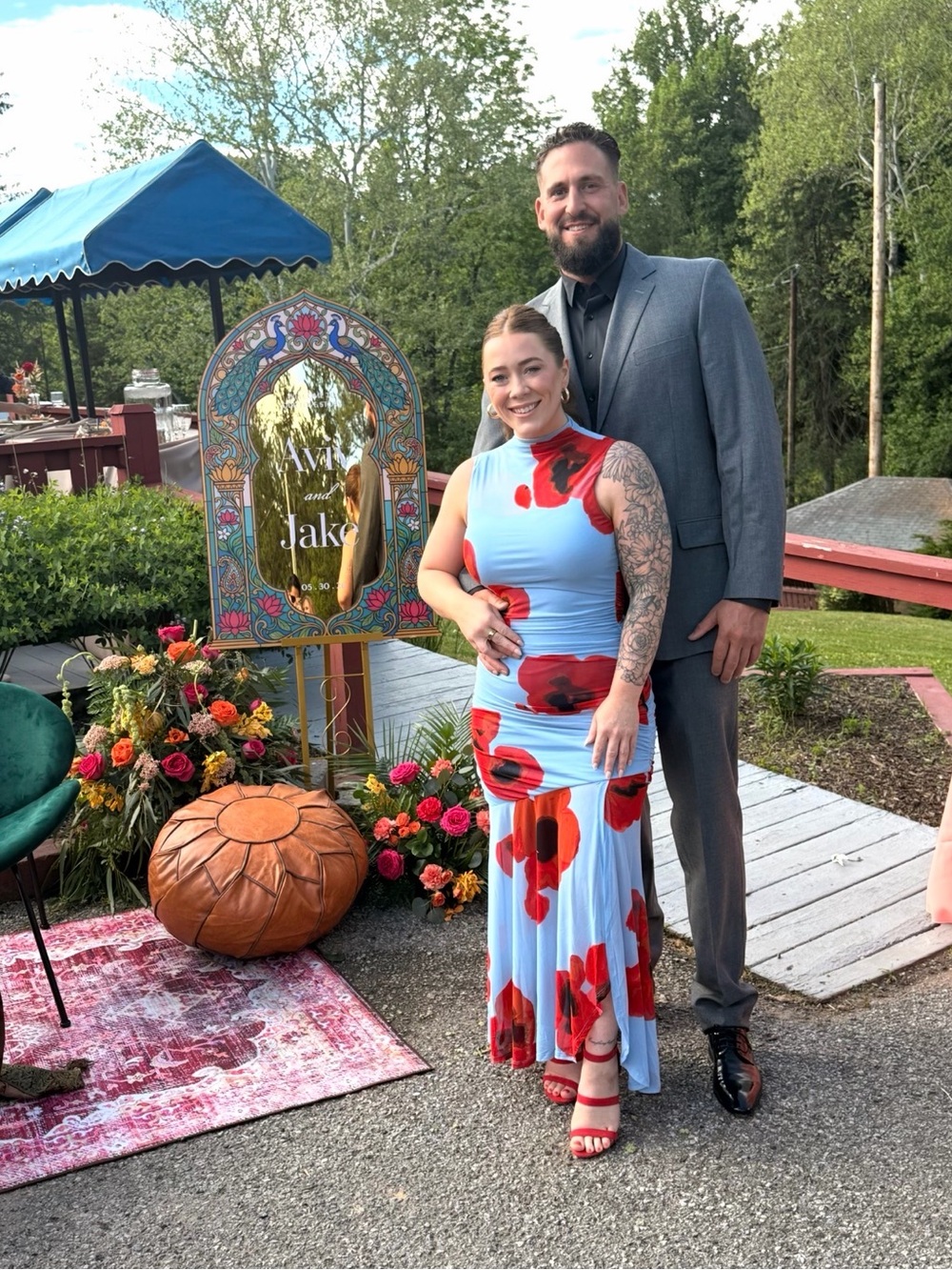 Light Blue Maxi Dress with Red Floral Motif - Picture 6 of 6